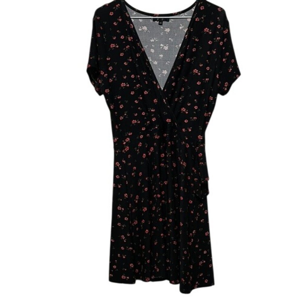 Lily Morgan Black Floral Faux Wrap Dress Womens L Romantic Midi Fit & Flare